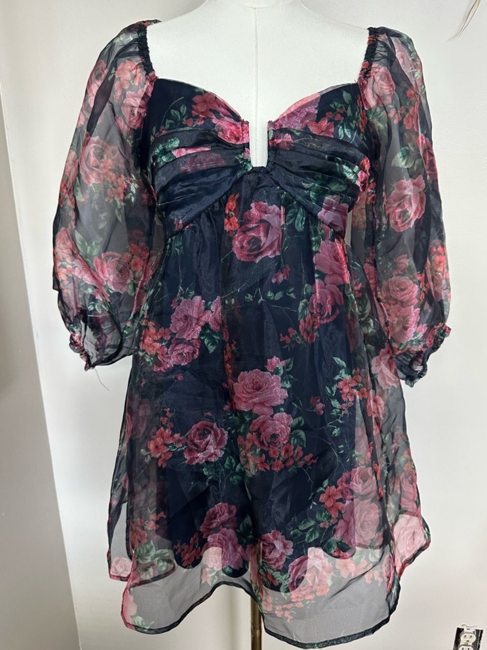 Lulus Whimsygoth Floral Organza Puff Sleeve Mini Dress M